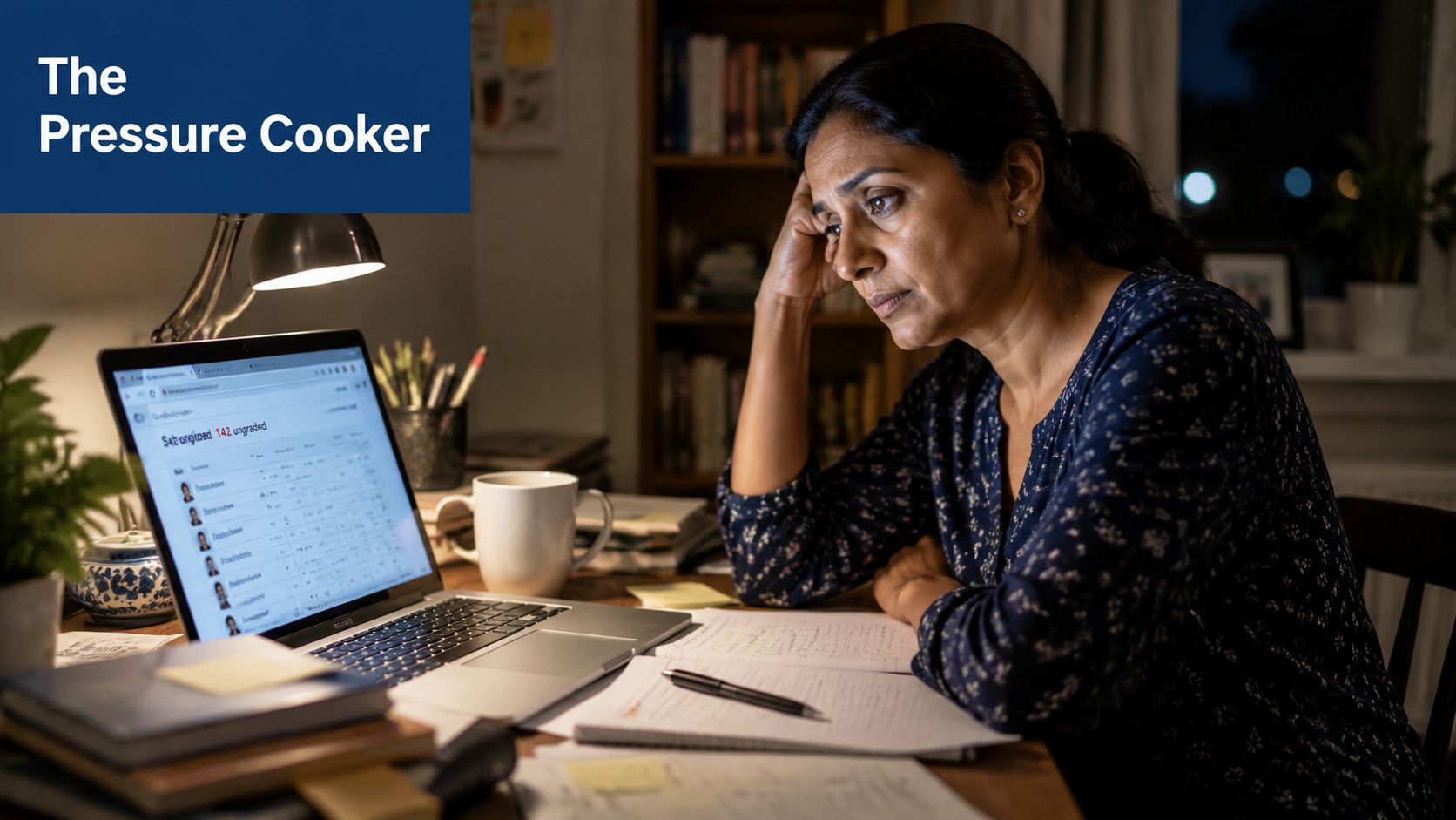A tired teacher working late at night on a laptop grading student assignments at her home desk.