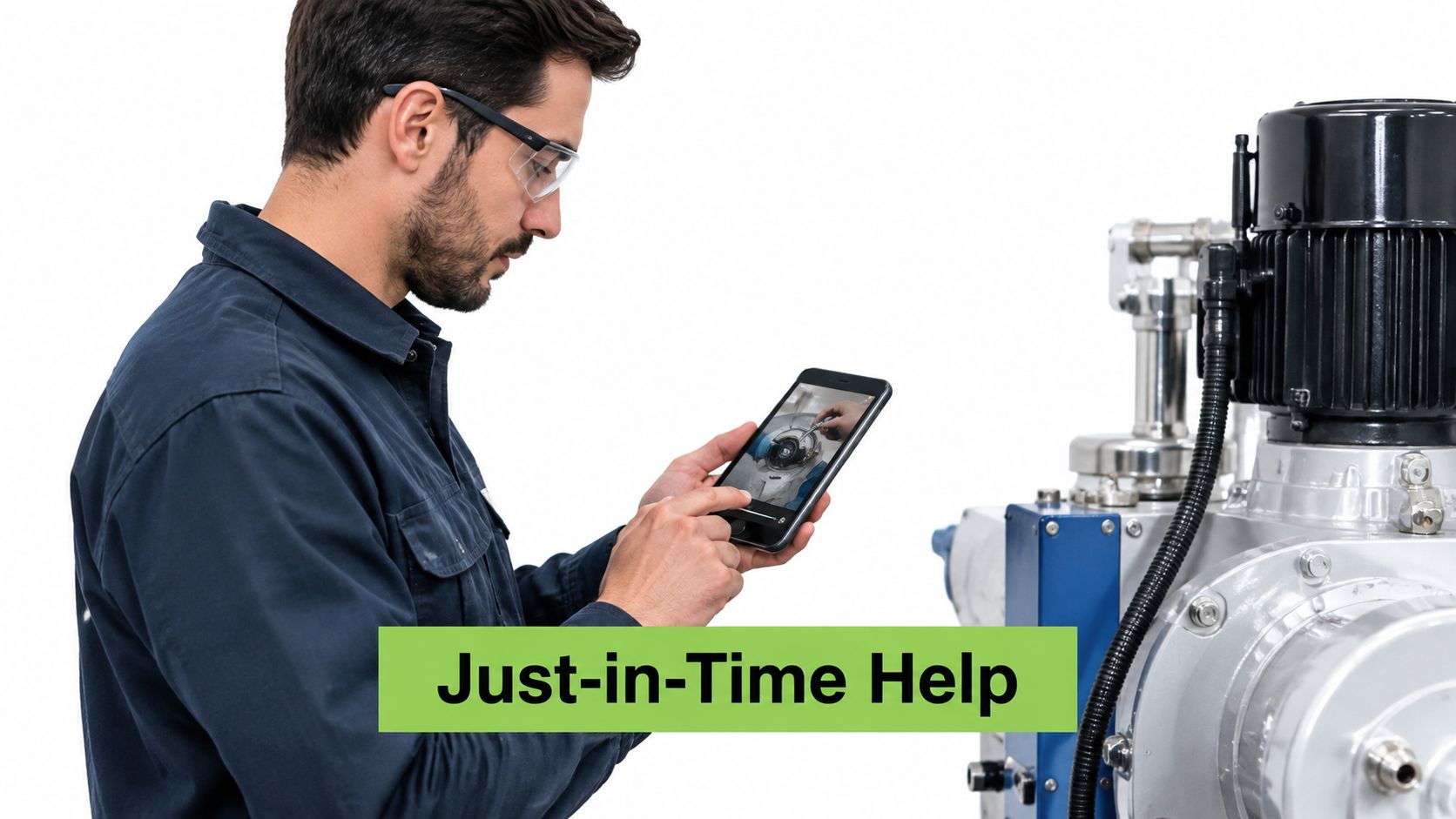 A technician using a tablet for just-in-time training while inspecting industrial machinery in a studio setting.