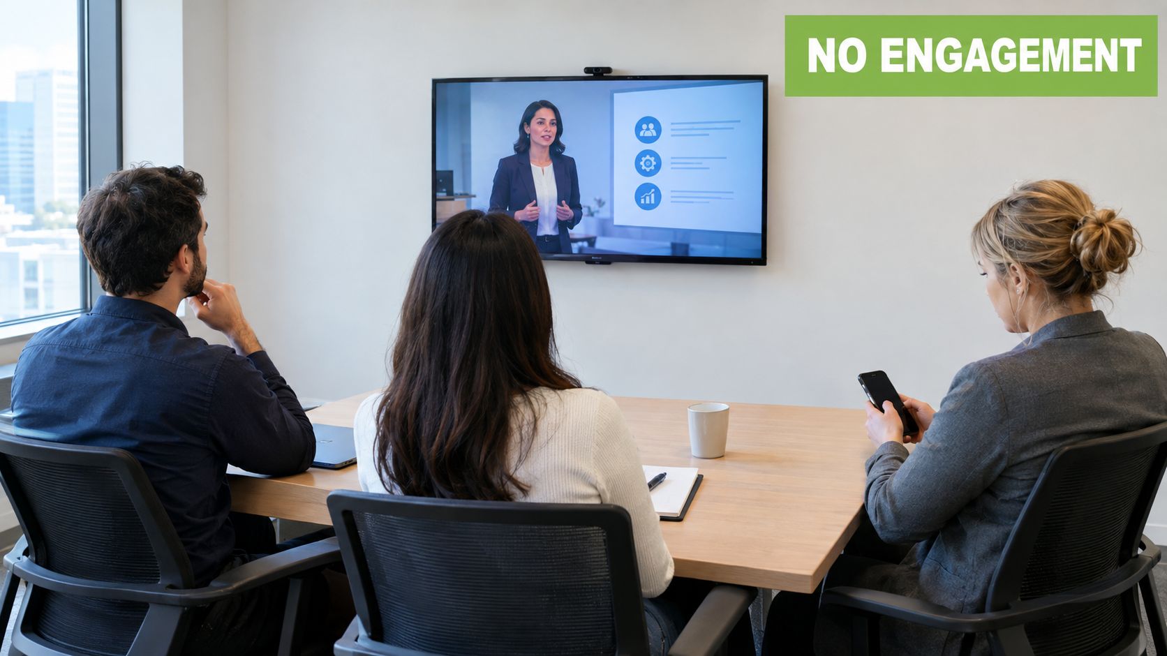 Three business professionals watching a remote presentation on a television screen in a modern office meeting room.