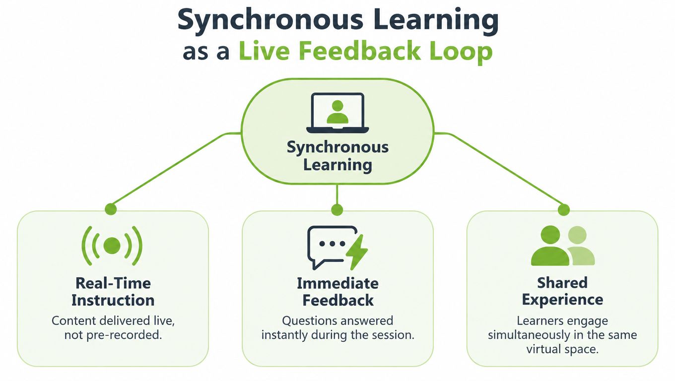 An infographic showing synchronous learning as a live feedback loop with real-time instruction and shared experience.