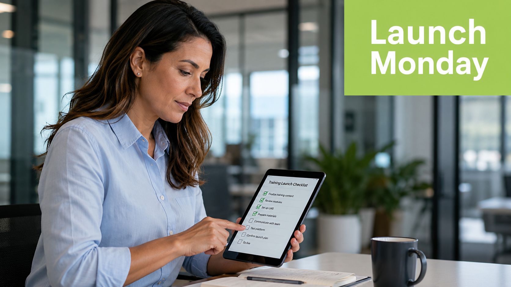 A professional woman checking off tasks on a digital training launch checklist on her tablet computer.