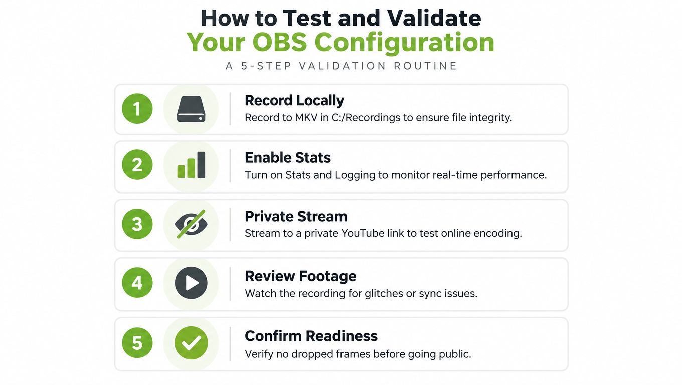 A five-step guide for testing and validating OBS configuration settings to ensure high-quality streaming performance.