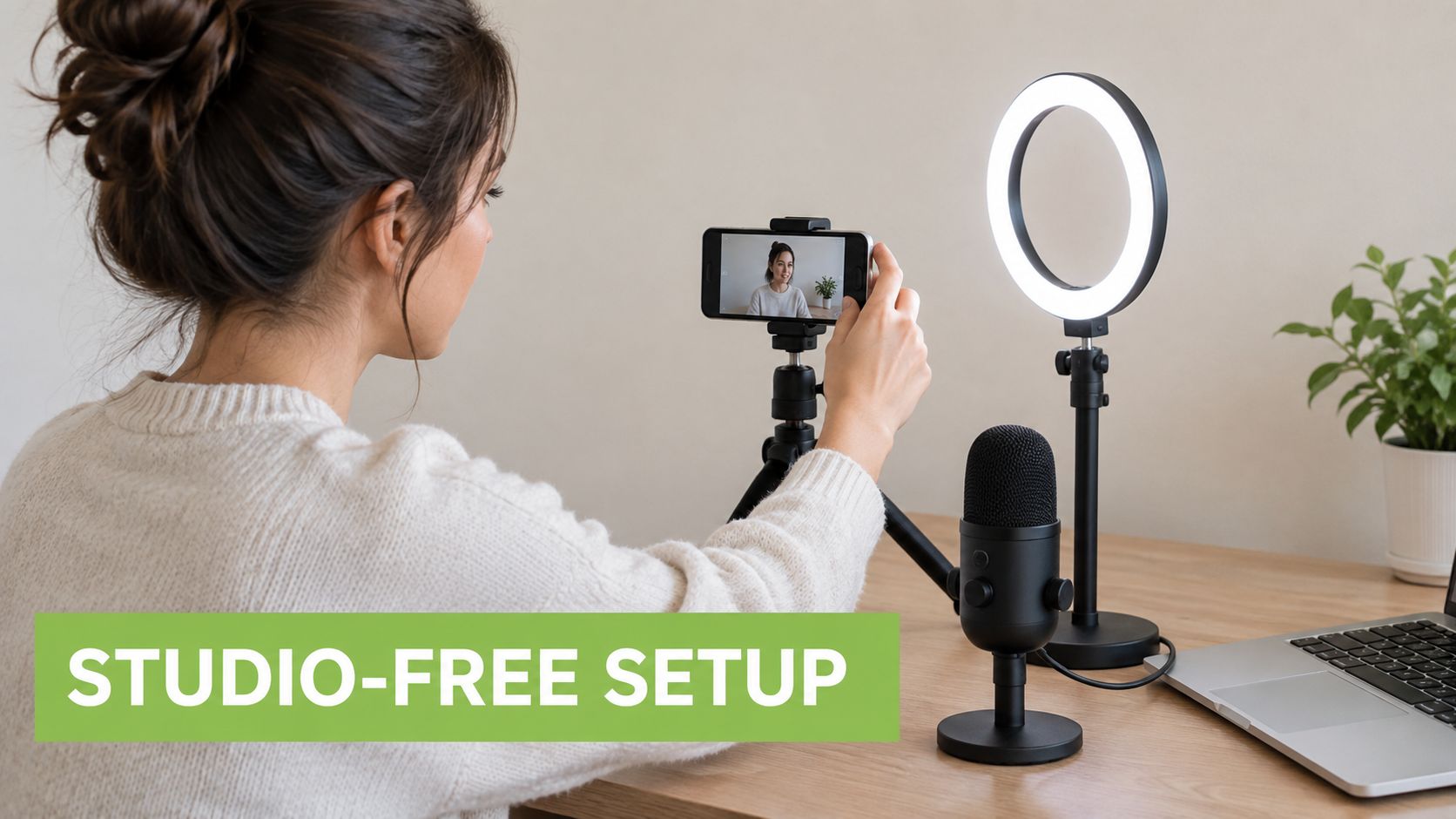 A woman recording herself with a smartphone, microphone, and ring light on a home office desk.