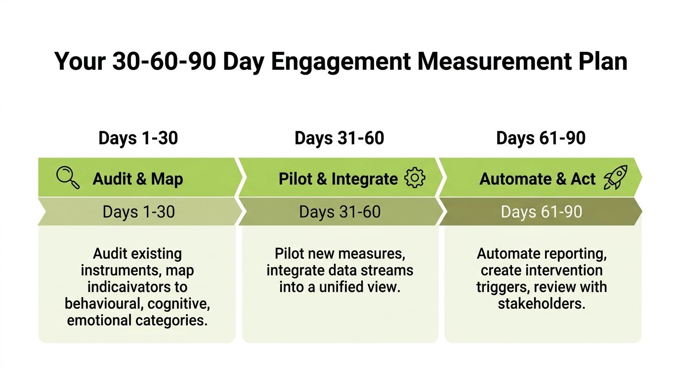 A 30-60-90 day roadmap for engagement measurement planning covering audit, pilot, and automation stages.