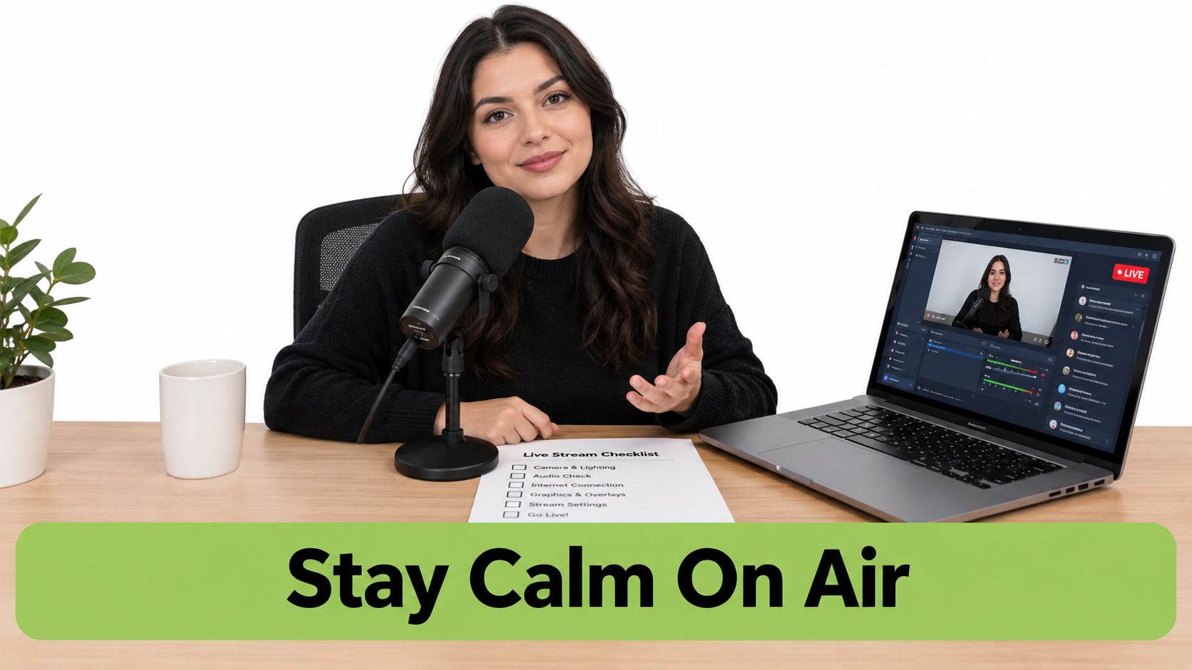 A smiling woman sitting at a desk with a microphone and laptop preparing for a live broadcast.