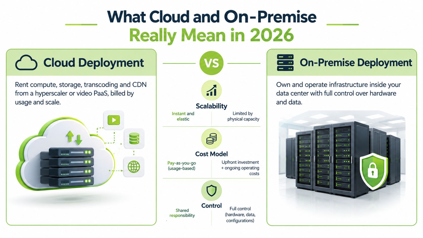 A comparison infographic between cloud deployment and on-premise deployment, highlighting scalability, cost models, and control differences.