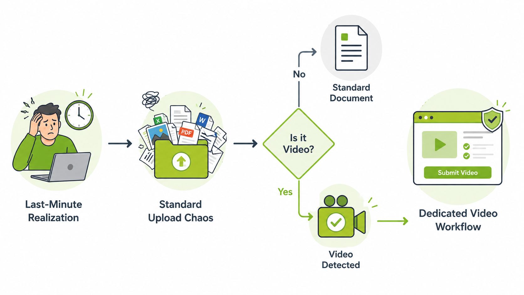 An infographic illustrating a workflow transition from chaotic document uploads to a structured dedicated video submission process.