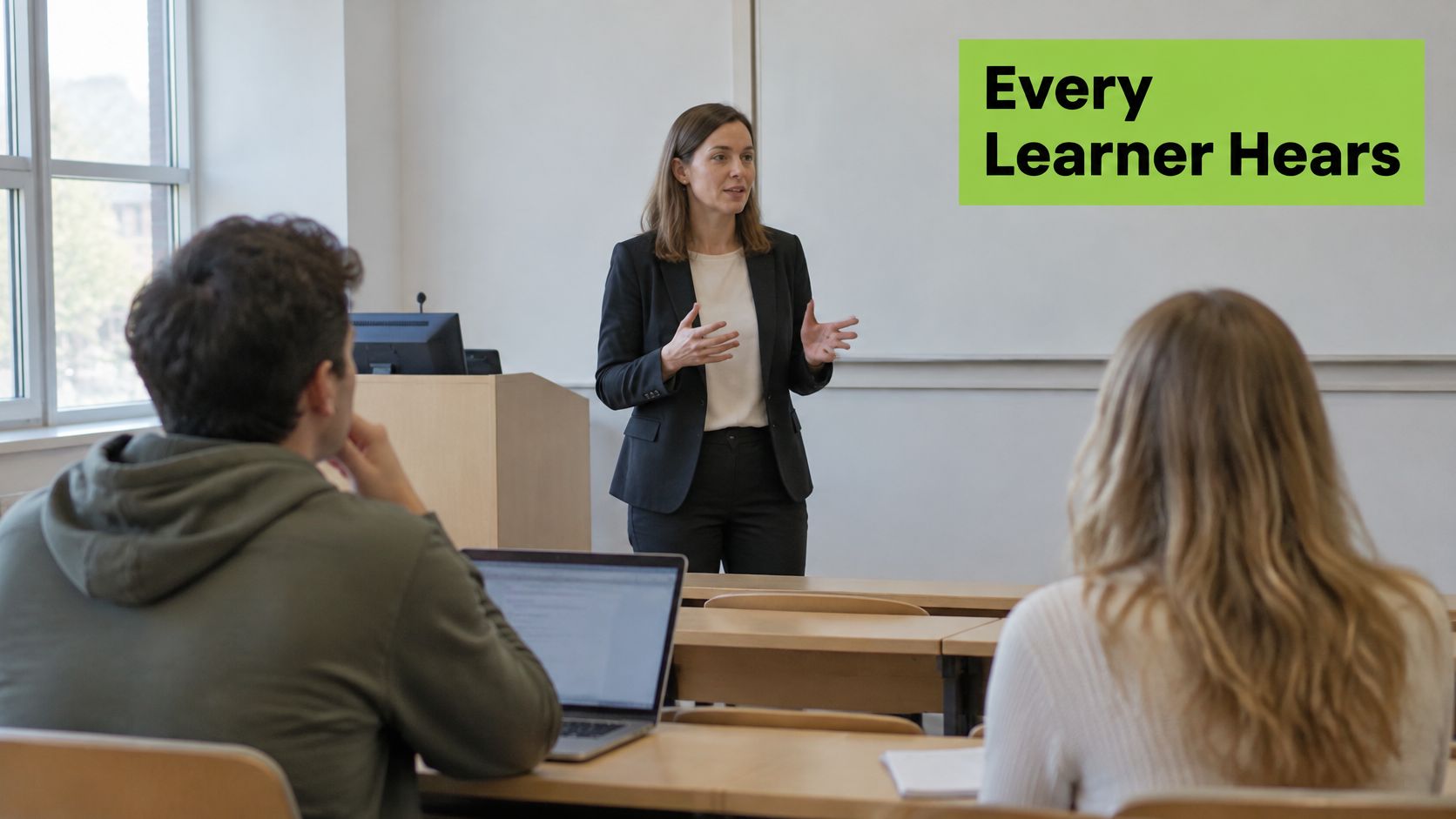 A female instructor teaching a class of attentive university students in a lecture hall setting.