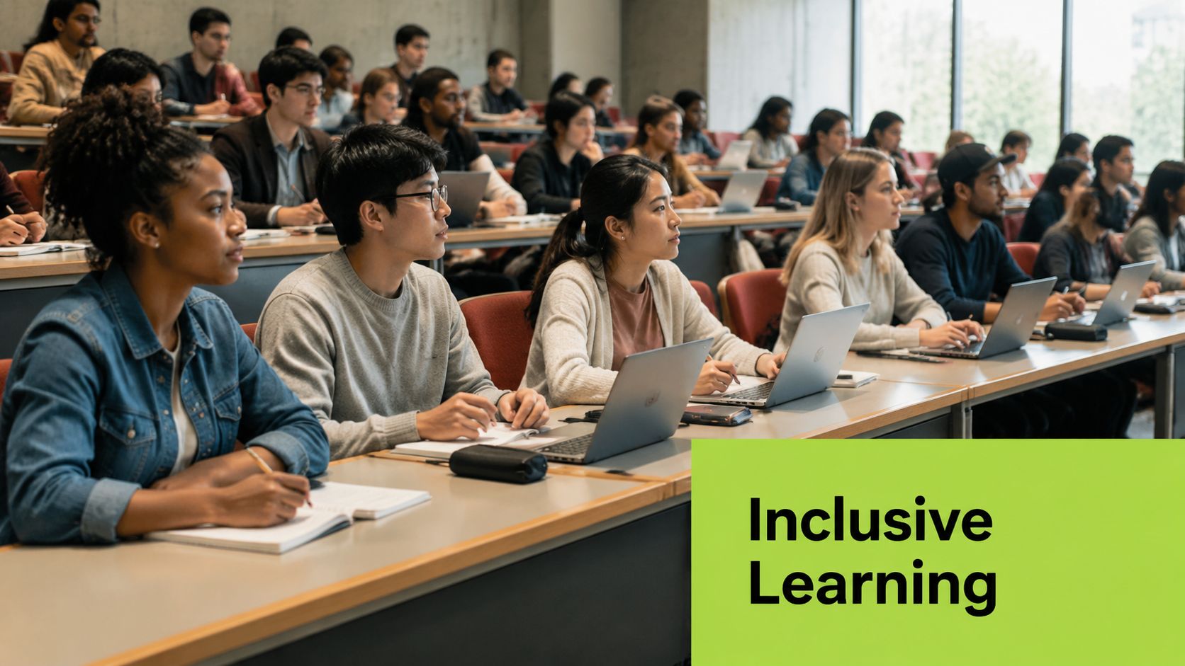 A diverse group of university students focused on learning in a modern, lecture hall classroom setting.