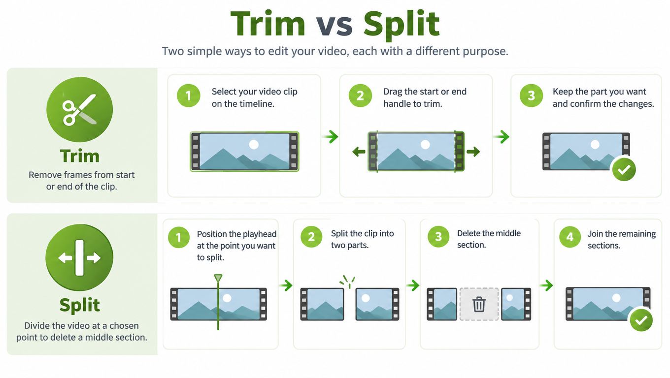 An infographic illustrating the difference between trimming and splitting video clips for editing purposes.