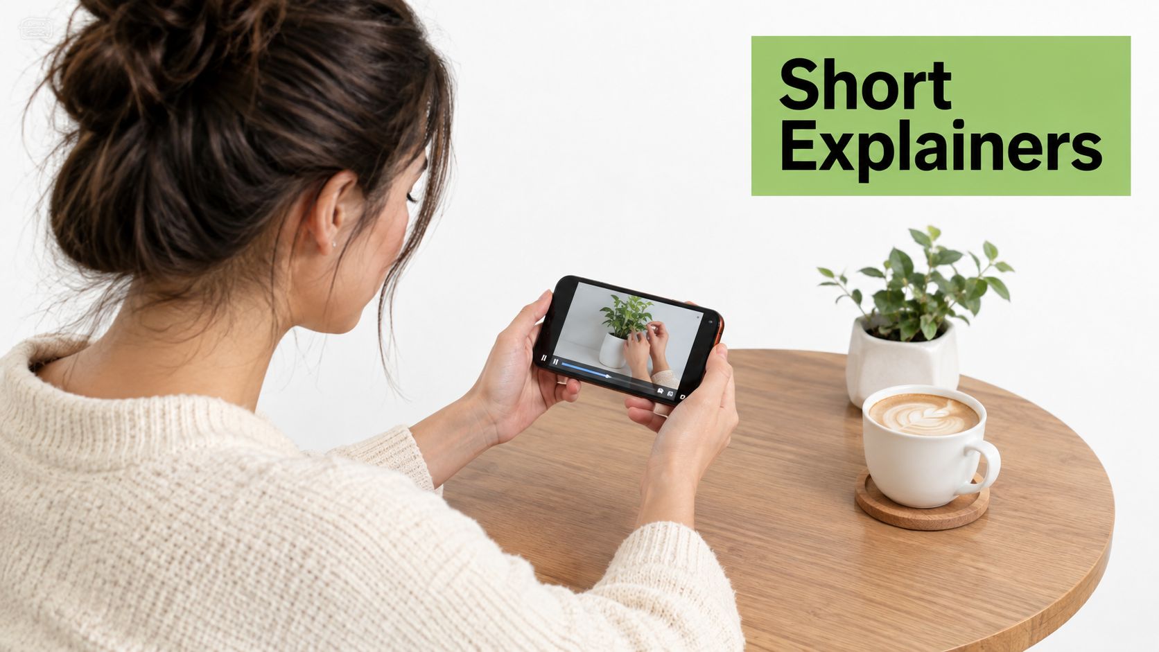 A woman holding a smartphone and watching a microlearning video about caring for a houseplant.