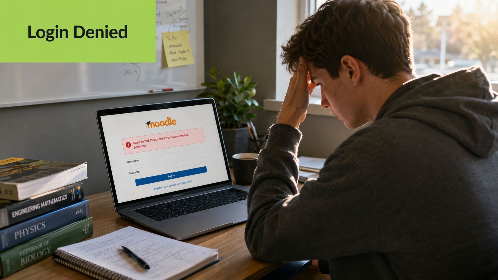 A frustrated student sitting at a desk with a laptop showing a Moodle login error message.
