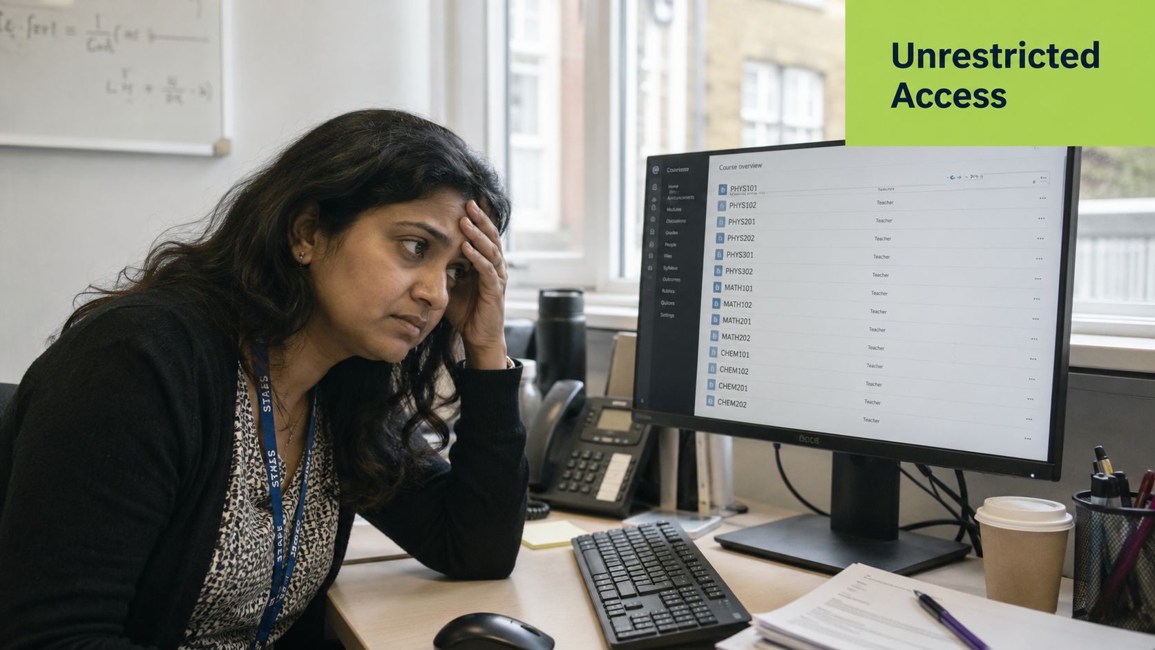 A woman looks stressed while sitting at a computer desk viewing an online course management system.