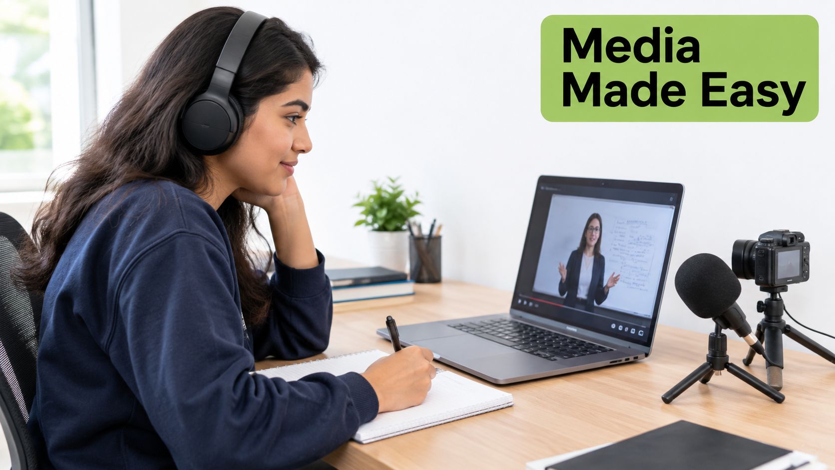 A young woman wearing headphones takes notes while watching an online educational video on her laptop.