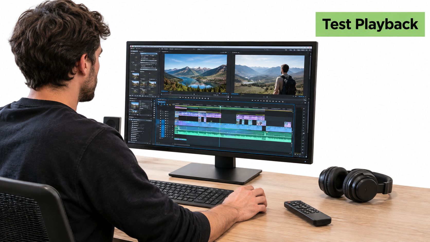 A video editor working on a professional project on a large desktop monitor at his desk.
