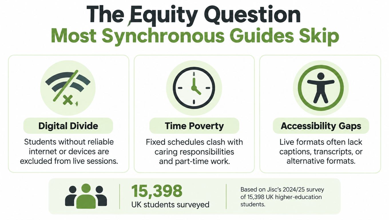 An infographic titled The Equity Question listing digital divide, time poverty, and accessibility gaps as disadvantages of synchronous learning.