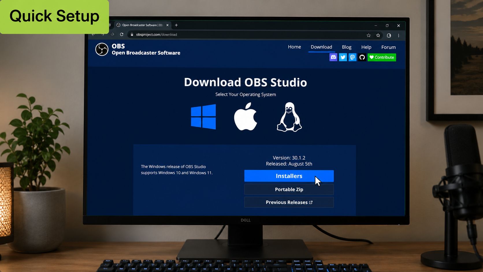 A computer screen displaying the official Open Broadcaster Software website for downloading OBS Studio on Windows.