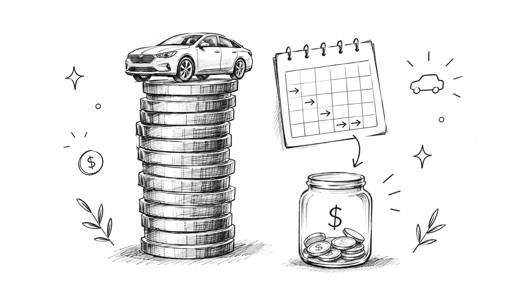 A hand-drawn illustration showing a car on a stack of coins and a savings jar representing car financing.