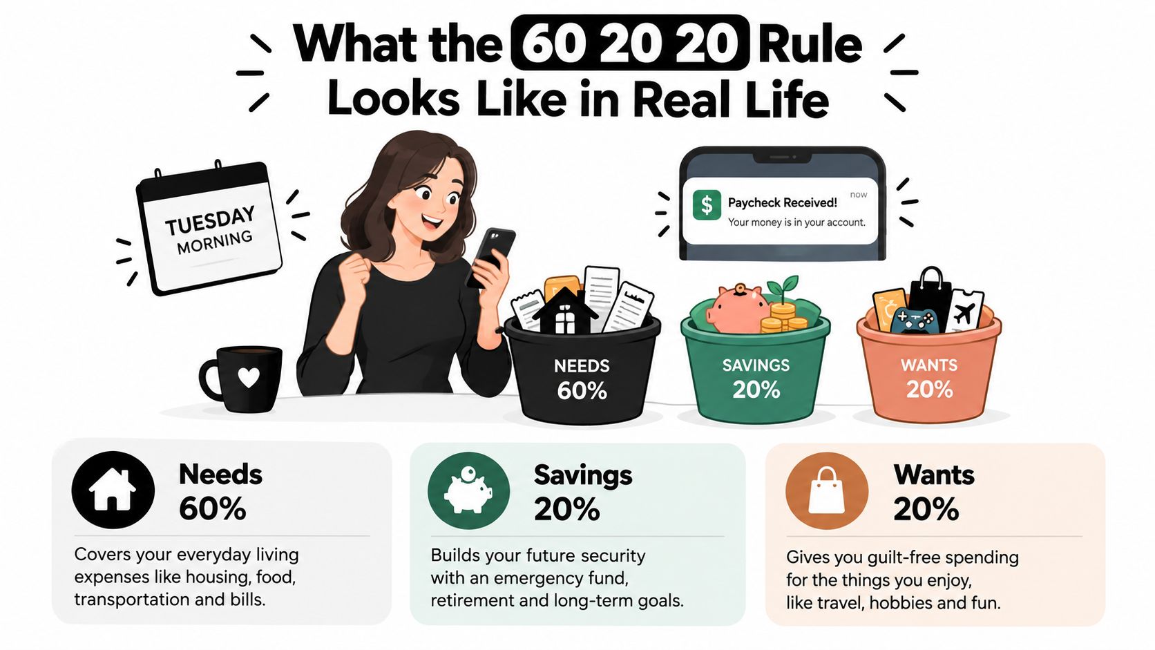 An infographic illustrating the 60/20/20 budgeting rule with categories for needs, savings, and wants.