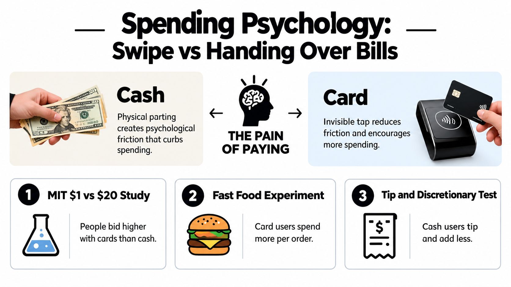 An infographic titled Spending Psychology comparing the psychological effects of paying with cash versus credit cards.