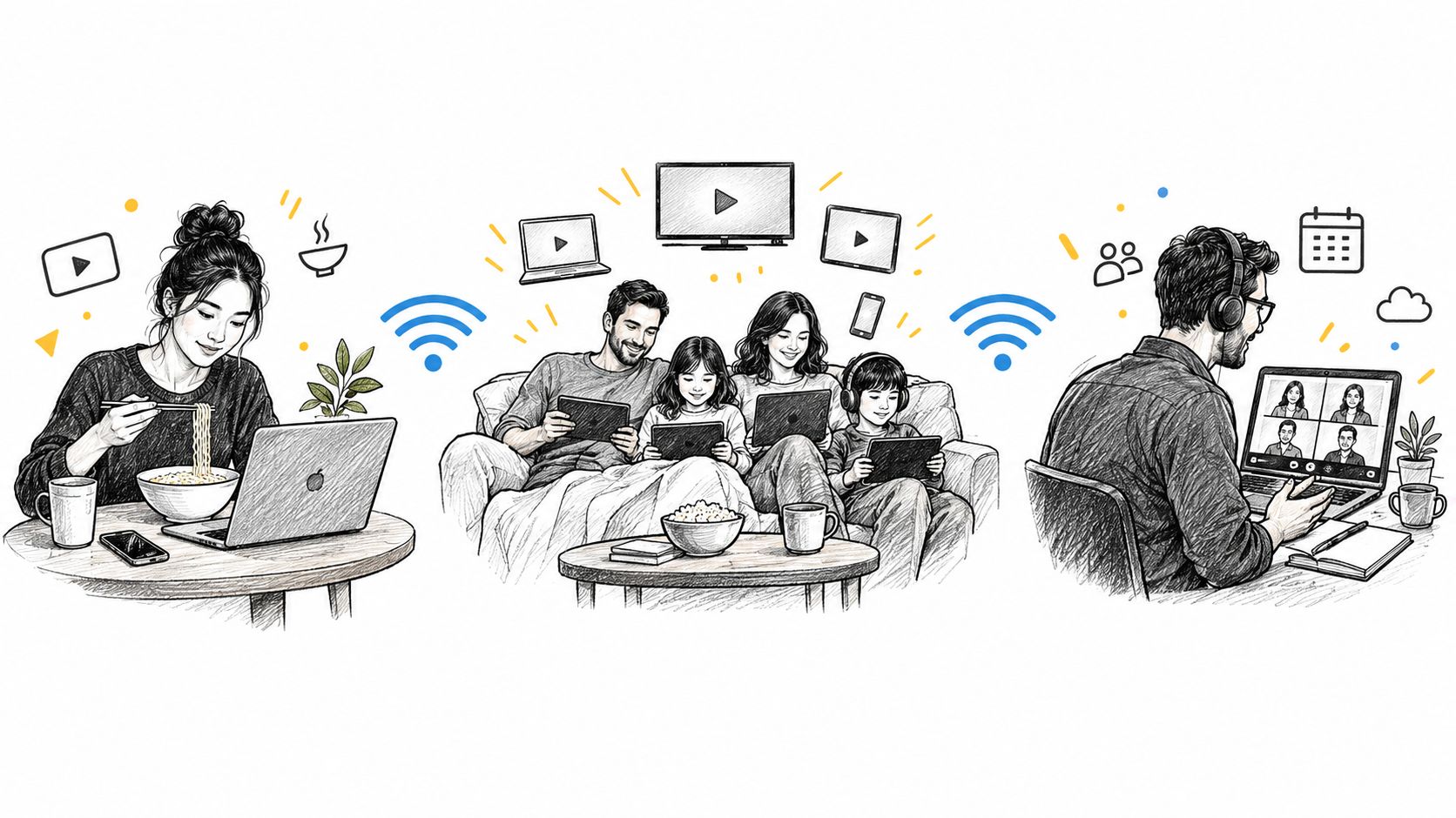 A digital illustration showing a family and individuals using multiple devices simultaneously connected to high-speed home internet.