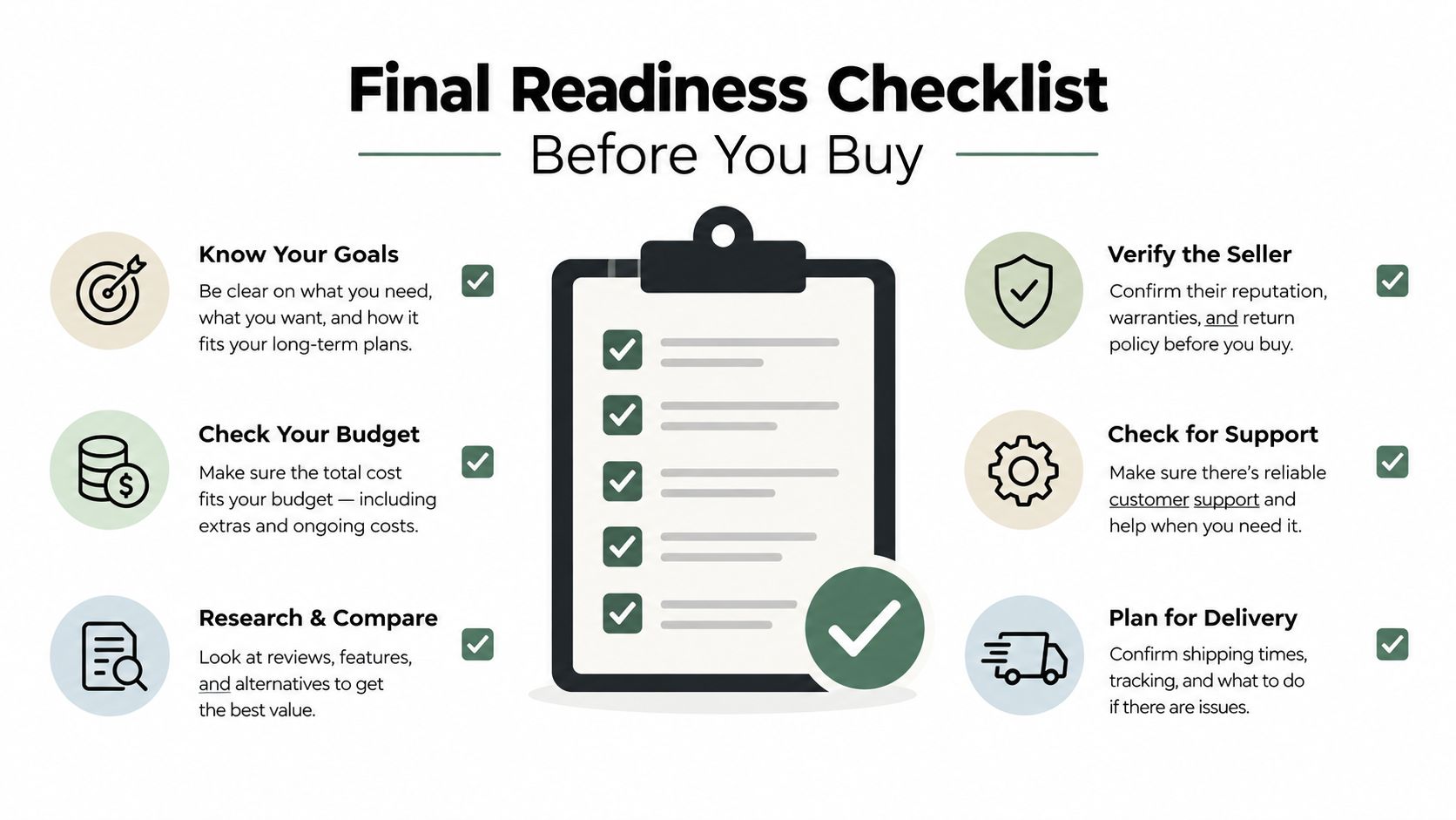 A checklist graphic titled Final Readiness Checklist Before You Buy, showing six essential pre-purchase preparation steps.