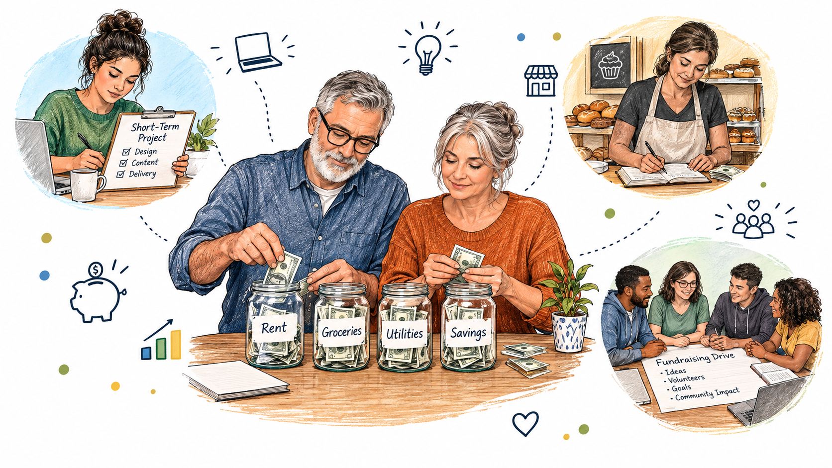 A couple organizing money in glass jars labeled for expenses like rent, groceries, utilities, and savings.