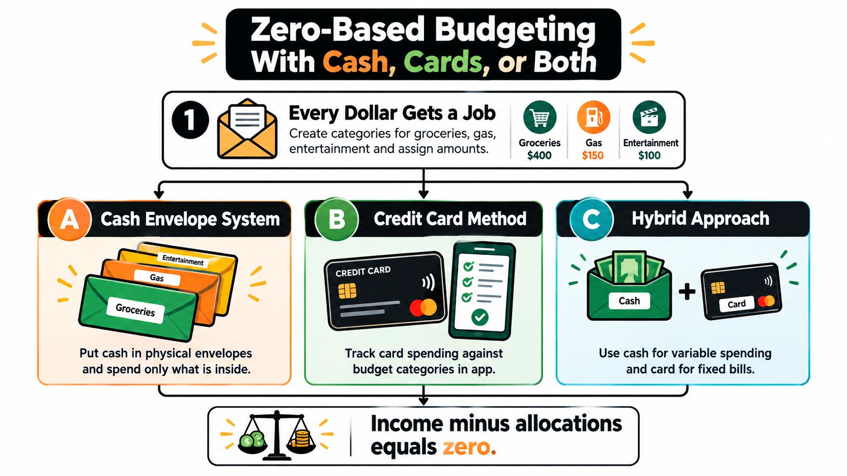 A flowchart explaining zero-based budgeting methods using cash envelopes, credit cards, or a hybrid approach for expenses.