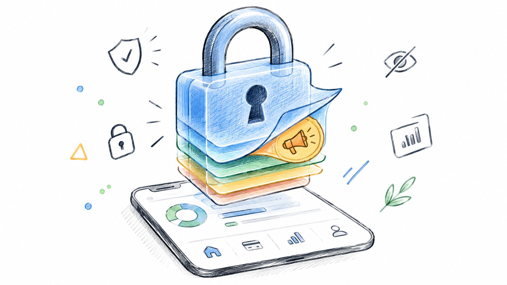 A digital illustration showing a locked padlock protecting layers of data above a smartphone interface for security.
