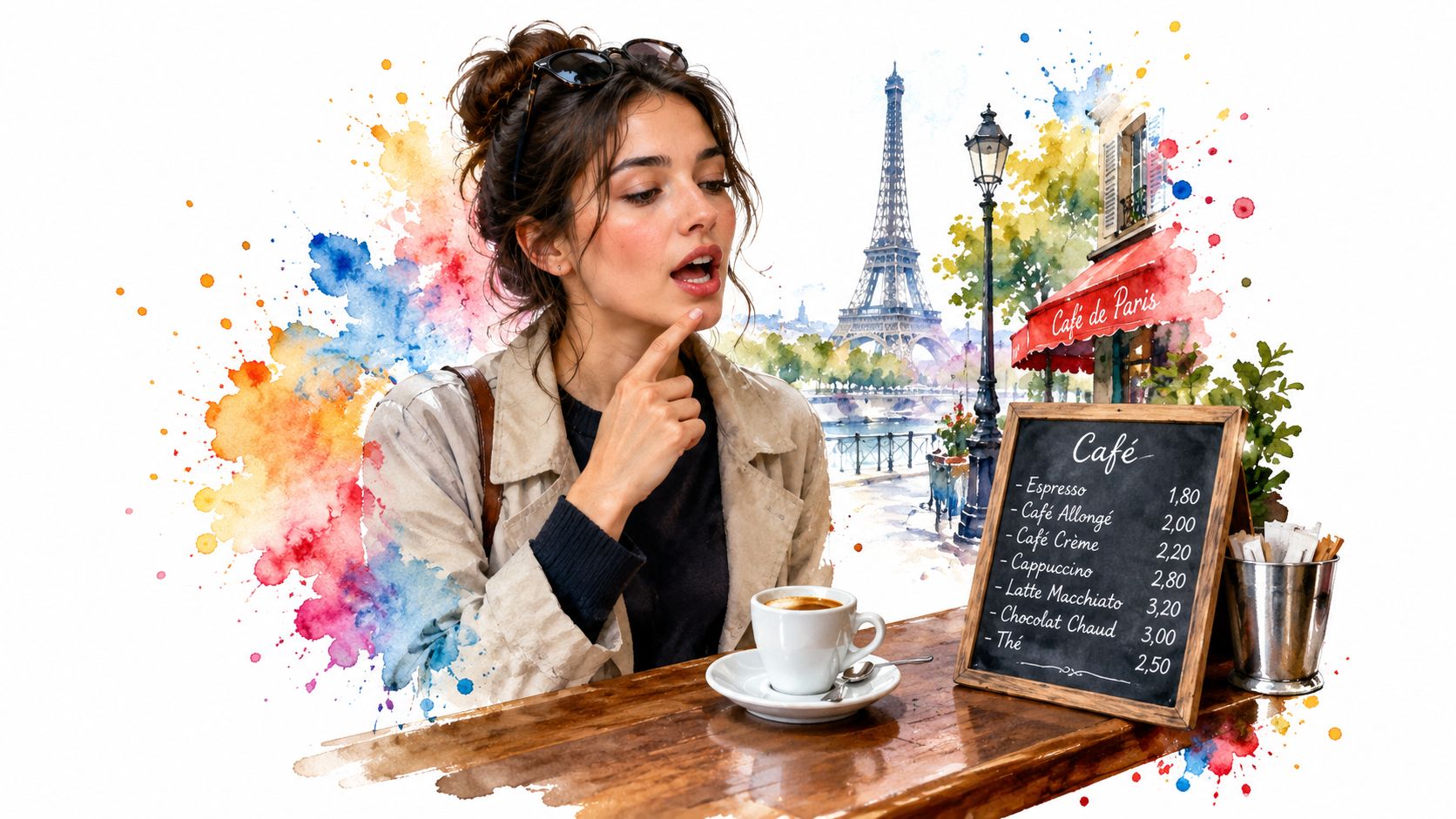 A woman thinking while sitting at a café table in Paris with the Eiffel Tower in background.