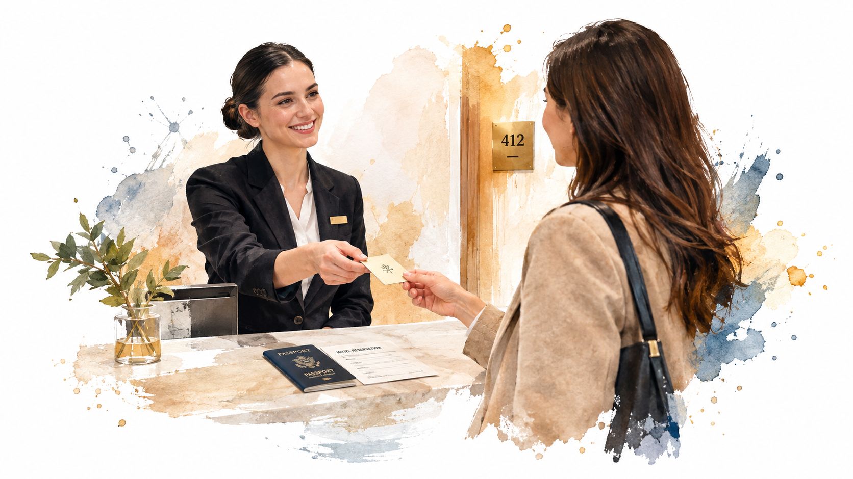 A friendly hotel receptionist handing a room key card to a guest at the front desk counter.