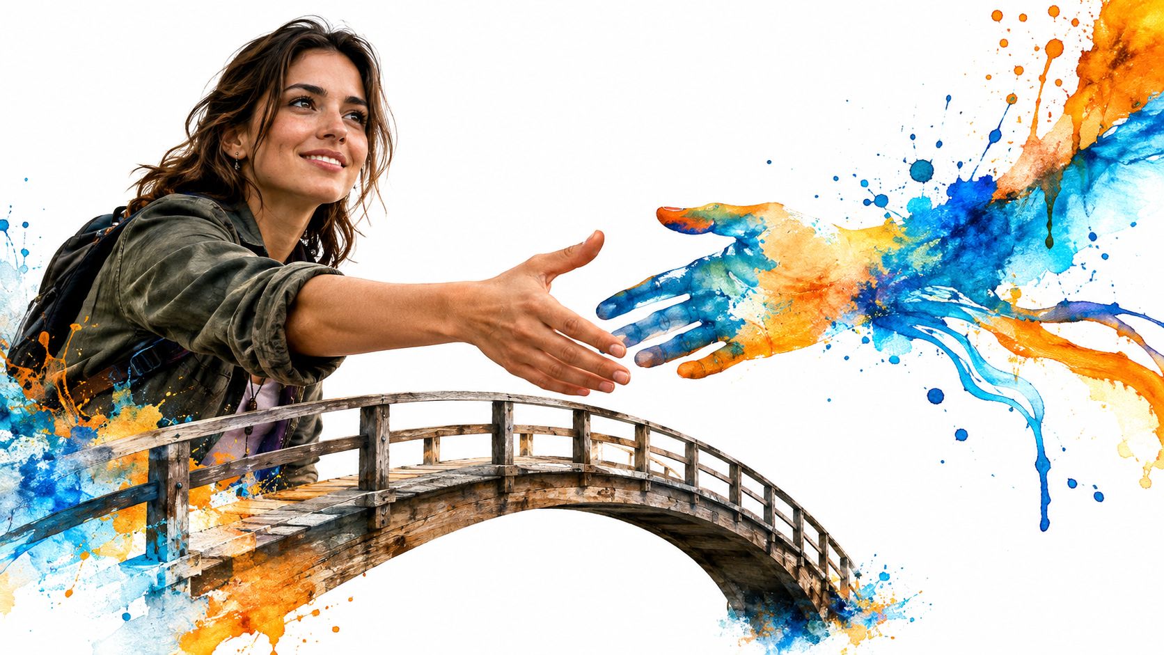 A woman reaching out to connect with a surreal hand made of colorful watercolor paint splashes.