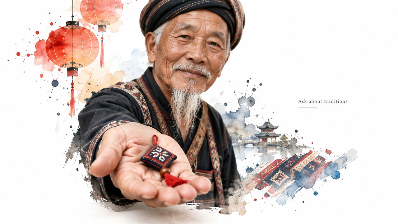 An elderly Asian man in traditional clothing holding a small handmade embroidered charm in his hand.