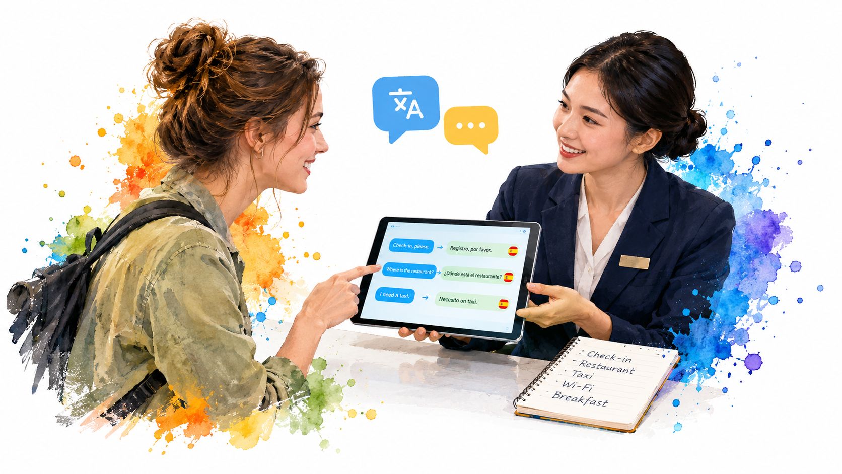 A traveler and hotel receptionist using a translation app on a tablet to communicate about hotel services.
