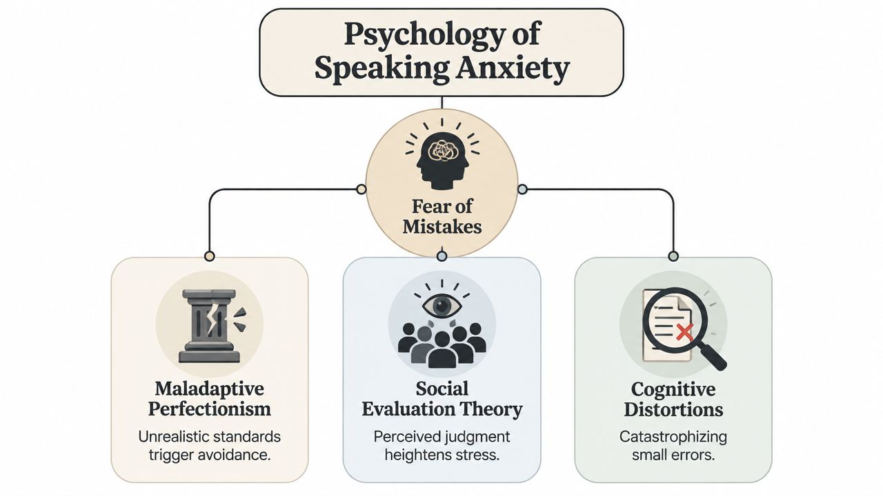 A diagram explaining the psychology of speaking anxiety, highlighting fear of mistakes and its three contributing factors.