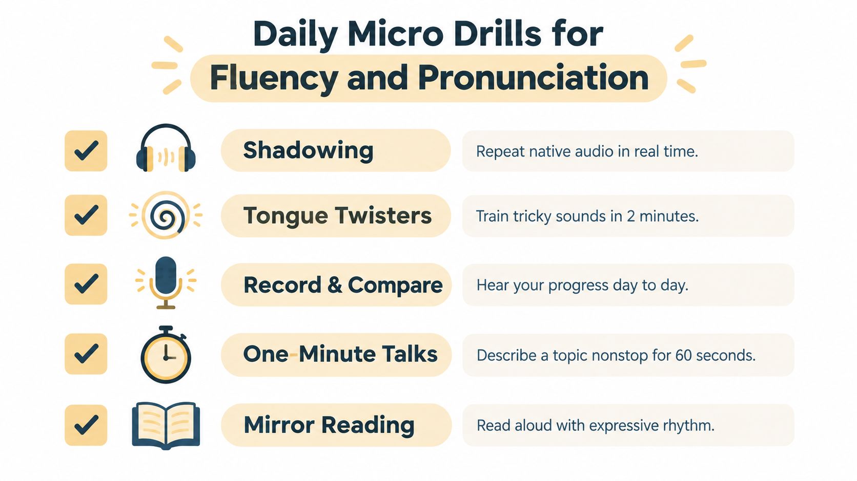 A list of five daily micro drills for improving language fluency and pronunciation, featuring icons and instructions.