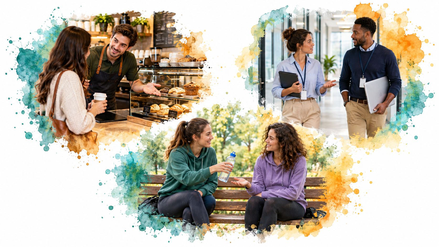 A collage showing three different scenes of people interacting and communicating in various professional and social environments.