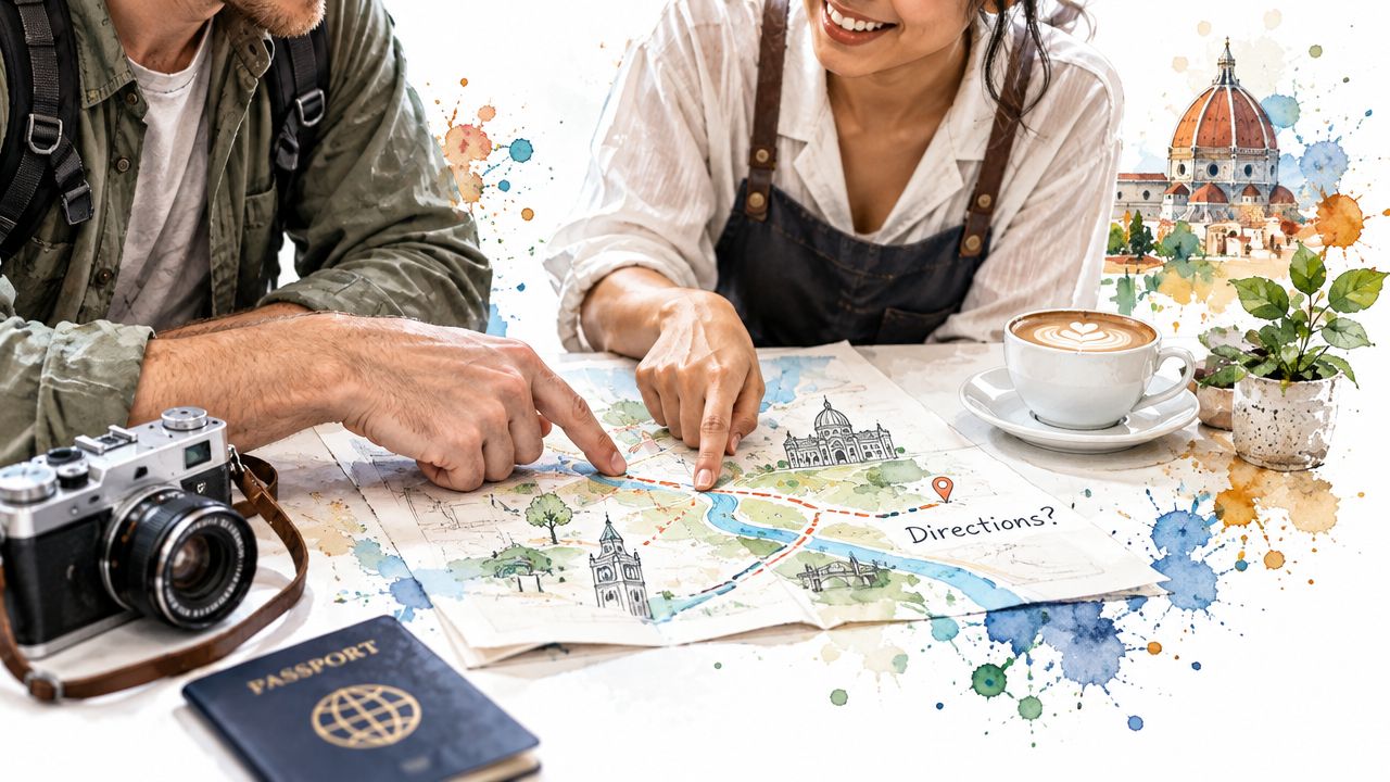 A couple planning a trip by studying a map together while drinking coffee and preparing their travel documents.