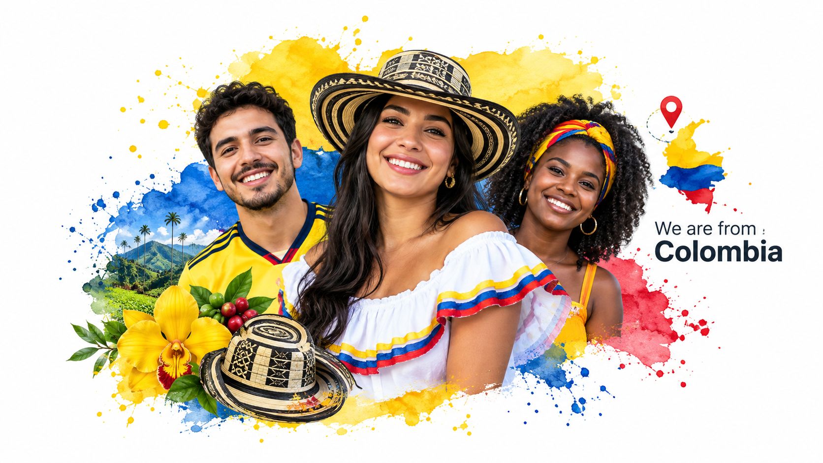 Three smiling young adults from Colombia dressed in traditional clothing with a national map background.