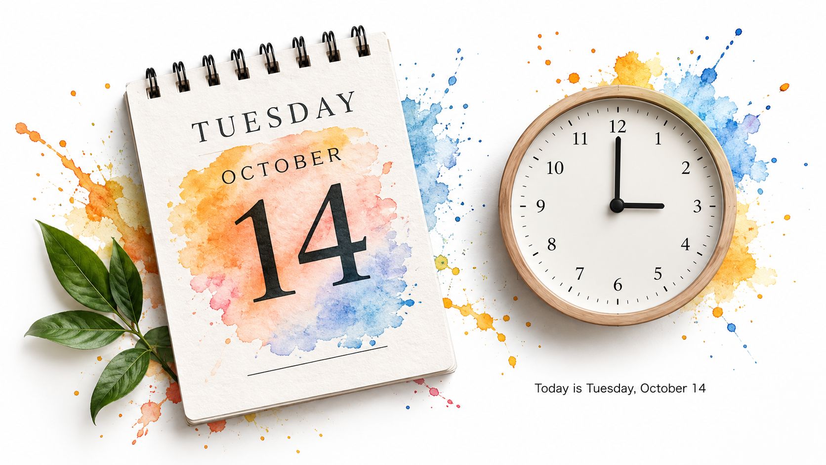A calendar showing Tuesday October 14 next to a wooden wall clock against a white background.