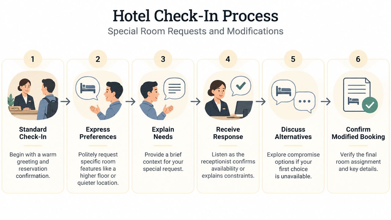 A six-step infographic illustrating the professional hotel check-in process for requesting specific room modifications and updates.