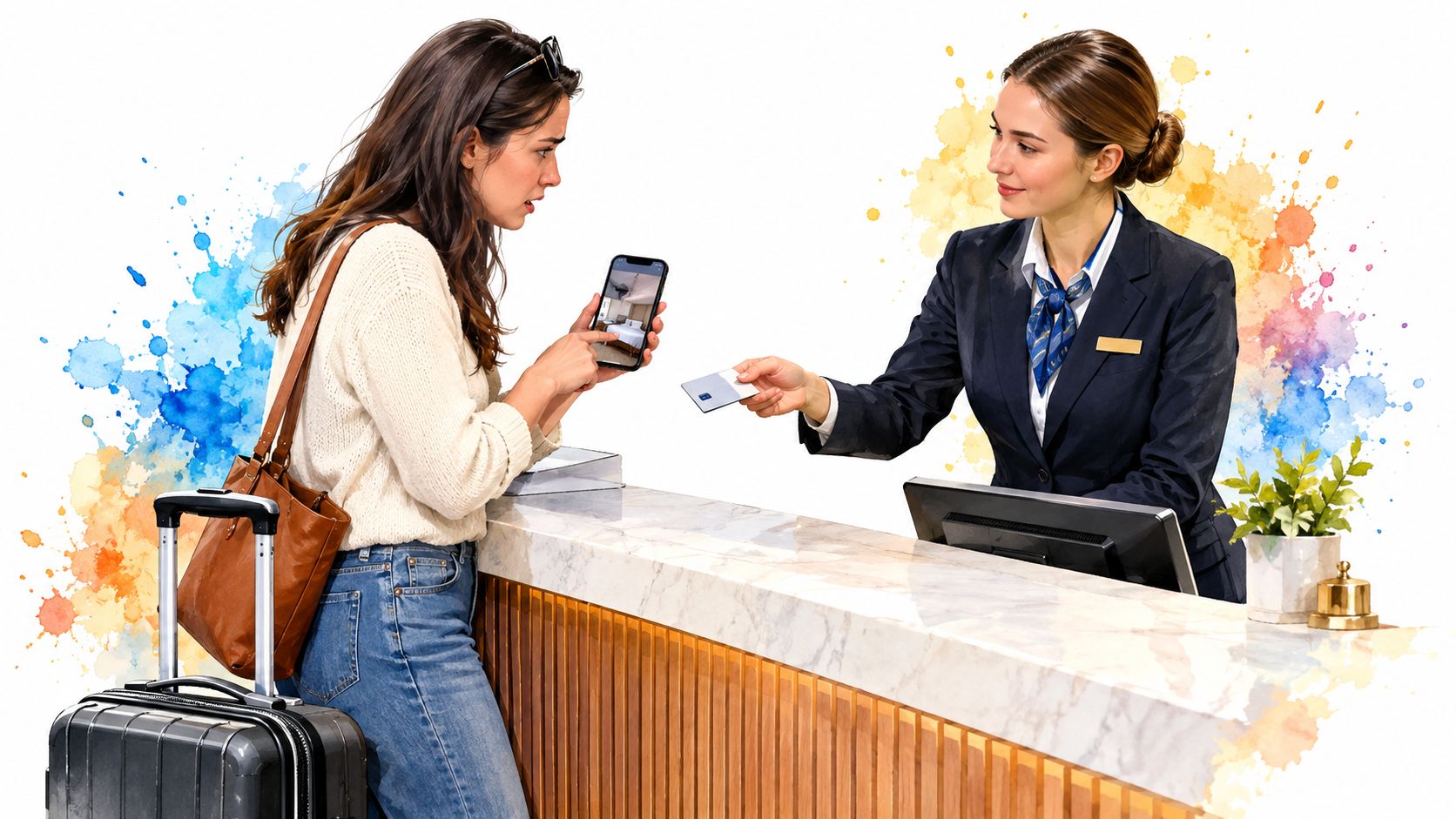 A hotel receptionist handing a room key card to a guest showing a booking on her phone.