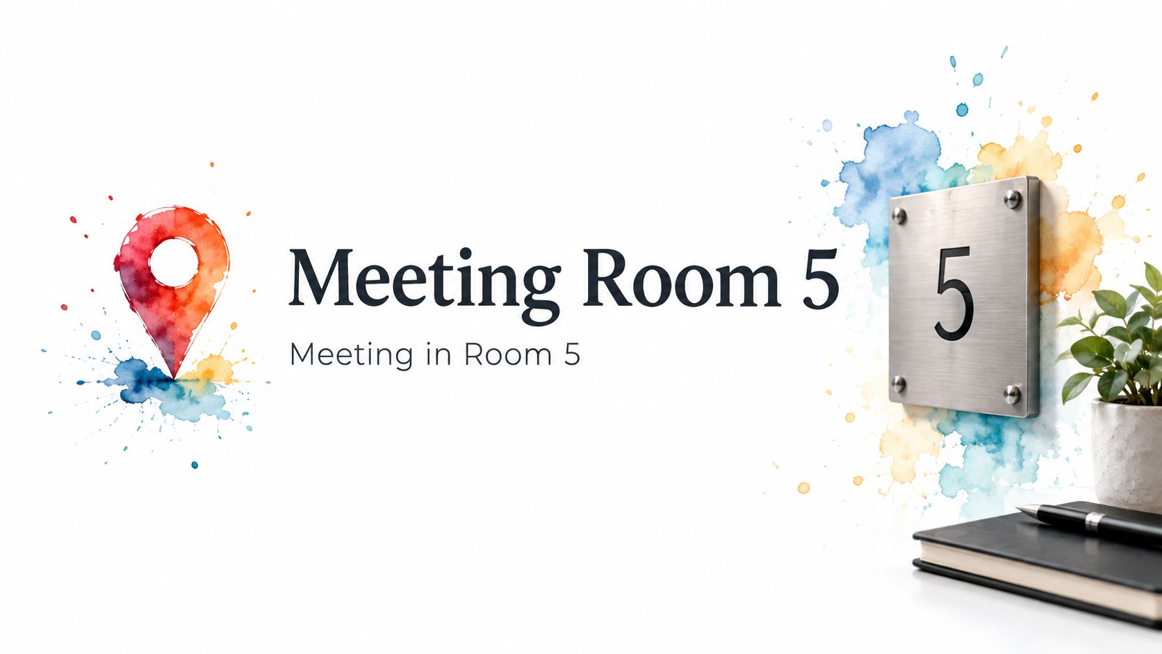 A creative design featuring a map location pin, watercolor splashes, and a silver sign saying Room 5.