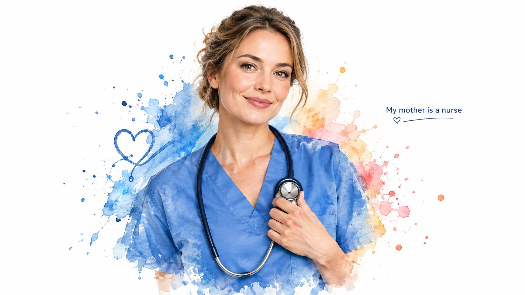 A friendly female nurse in blue scrubs smiling with a stethoscope, set against a watercolor background.