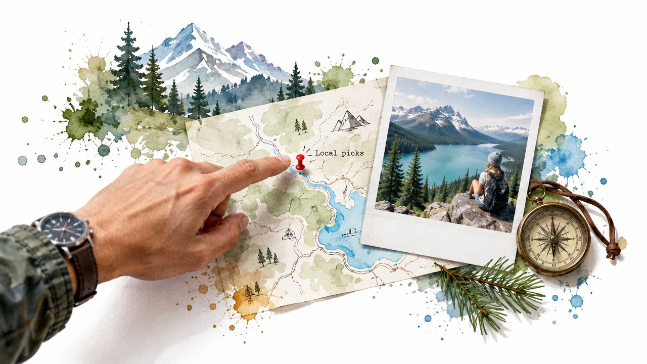 A person pointing to a map with a red pin, a travel photo, a compass, and pine branches.