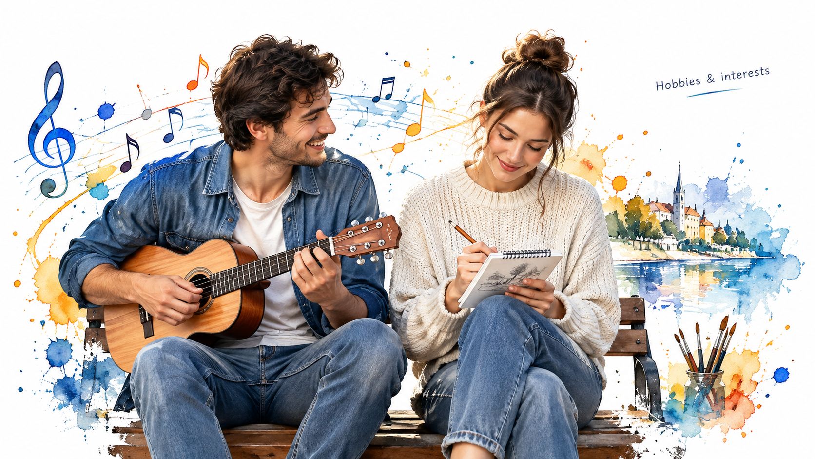 A young couple sitting on a park bench while the man plays guitar and the woman draws.