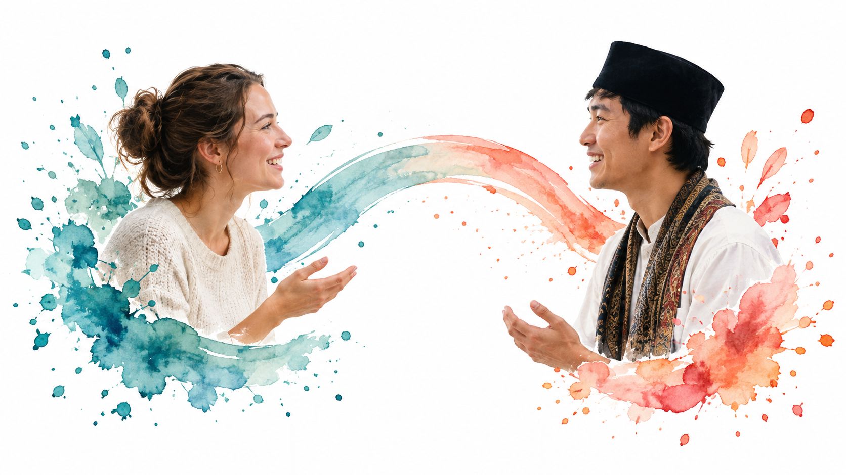 A woman and a man interacting with artistic watercolor strokes, representing communication, confidence, and cross-cultural dialogue.