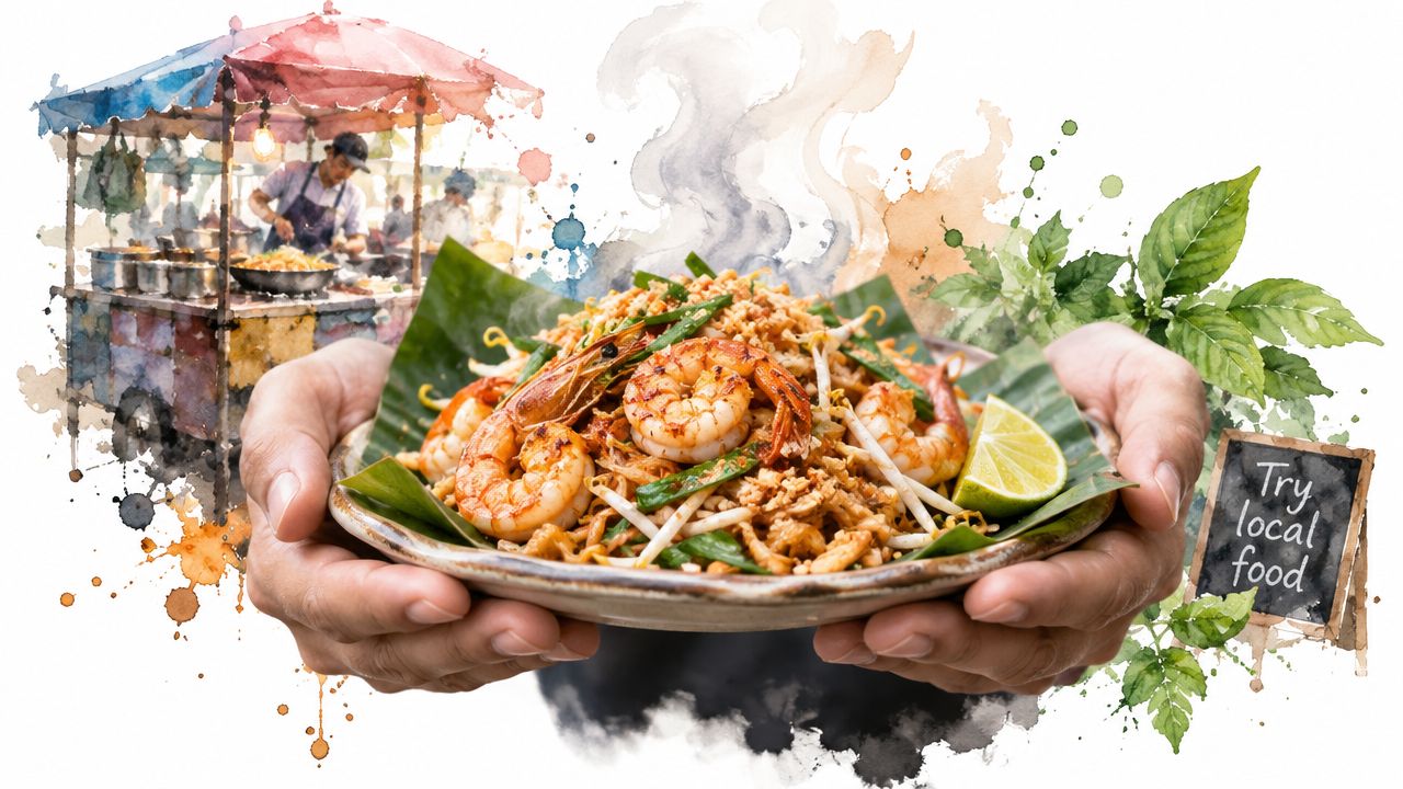A person holding a plate of delicious shrimp pad thai with a street food vendor background.