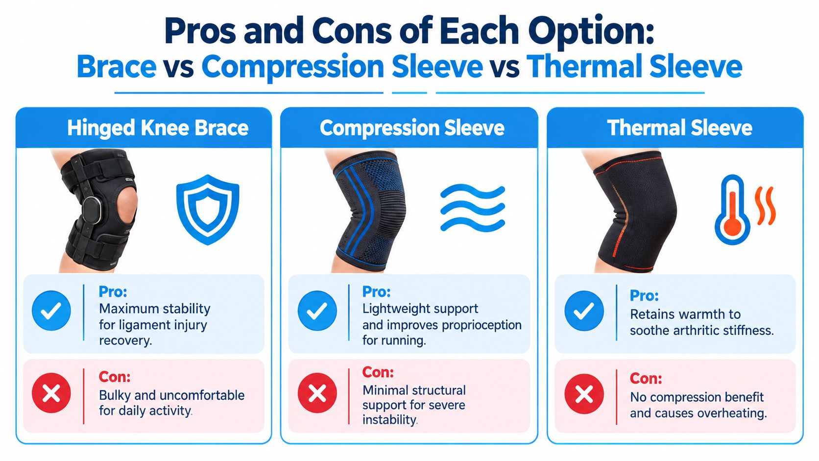 A comparison chart showing pros and cons of hinged knee braces, compression sleeves, and thermal sleeves.