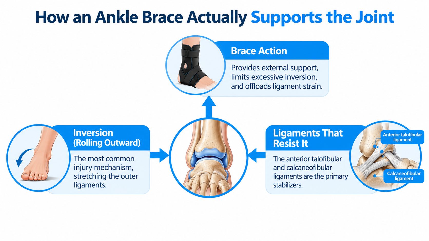 An educational infographic explaining how an ankle brace supports the joint and prevents inversion injury.